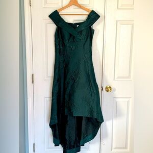 Teri Jon Jacquard Off Shoulder High Low Hem Gown